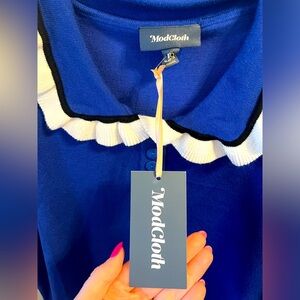 Modcloth Blue Going Retro Ruffle Collar Short Sleeve Knit Polo Sweater Top